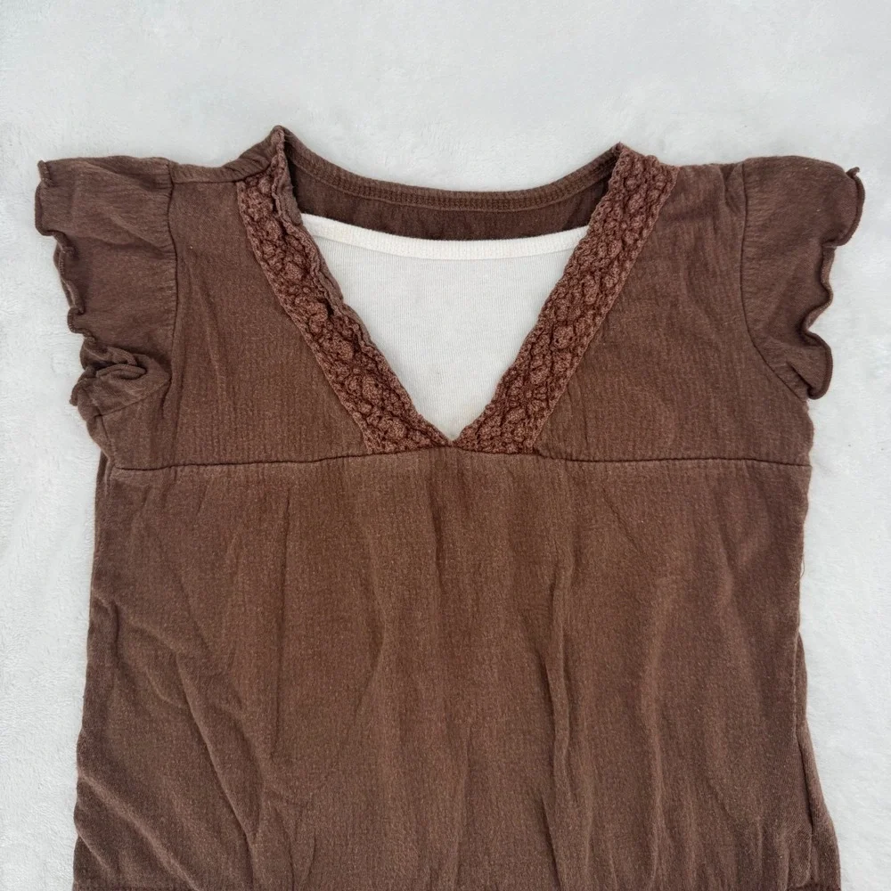 Faded Glory Girls Brown Y2K Layered Look Top Crochet Lace V-Neck Size XS 4/5 Vtg